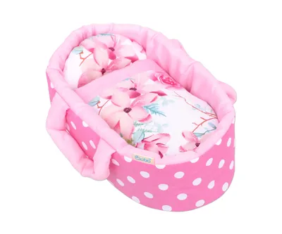 Produktbild von Puppentragetasche MINI für Puppen bis 26 cm, mit Bettzeug BOBO – rosa Blumen
