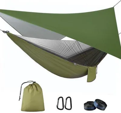 Productafbeelding van Camping Hangmat Legergroen - Met Muggennet En Tentzeil - 290x140 cm - Nylon - Voor Outdoor En Reizen