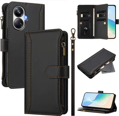 Obrázek produktu pro Pouzdro pro Realme 10 Pro+, zipem, peněženkovéPolyuretankožené flip pouzdro s kapsami na karty, stojánkem a poutkem na ruku černý