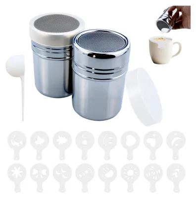Produktbild von 2 Stück Edelstahl Streuer, Puderzuckerstreuer mit Mühle Deckel, Kakaostreuer für Cappuccino, Pulverstreuer, Staubzuckerstreuer, Puderzucker Sieb, inklusive 16 Stück Prägeform und 1 Messlöffel