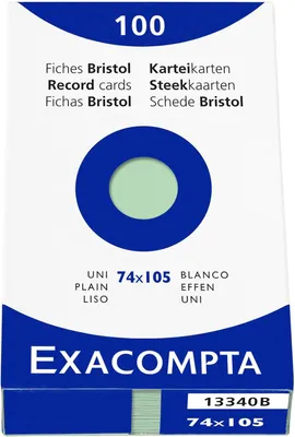 Zdjęcie produktu dla Exacompta, kartoteki, 100 sztuk, nielaminowane, format DIN A7 (74x105 mm), gramatura 200g, białe, kolor zielony