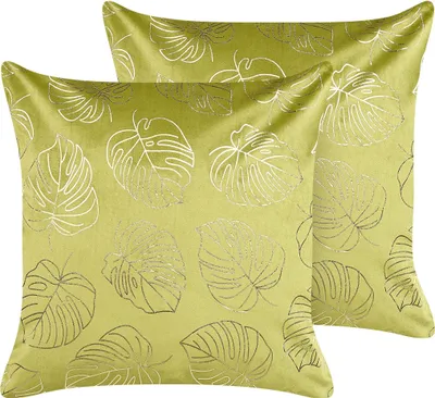 Produktbild von BELIANI Dekokissen 2er Set Hellgrün Samtstoff mit Füllung 45x45 cm Pflanzenmotiv Gold Monstera-Blatt Accessories Wohn- u. Schlafzimmer Flur