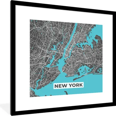 Produktbild von MuchoWow® Gerahmtes Poster Stadtplan - Blau - New York - Karte 40x40 cm - Poster mit Schwarzem Bilderrahmen Wandposter Rahmen Foto Bilder - Poster - Plakat im Rahmen