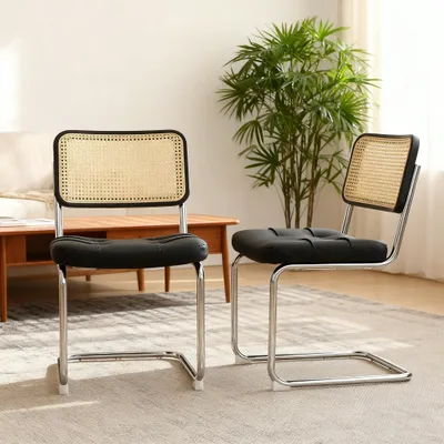 Produktbild von LVHOM 2er Set Freischwinger im Bauhaus Stil, Esszimmerstuhl mit Rattan-Rücken, gesteppter Kunstleder Polsterstuhl, Retro Design, Schwarz