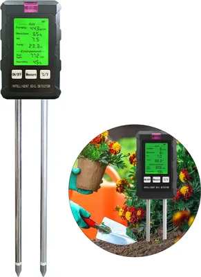 Obrázek produktu pro Inteligentní půdní tester 6 v 1 s dvojitou sondou, digitální displej s podsvícením, teplota, vlhkost, úrodnost, hodnota pH, teplota, sluneční světlo, vlhkost půdy, vlhkost, půdní teploměr na baterie, vnitřní a venkovní zahradní potřeby