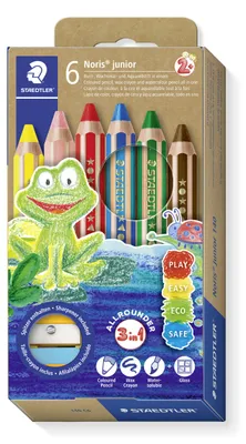 Produktbild von STAEDTLER Noris junior 140 3 in 1 Kindermalstift Etui mit 6 Farben und Spitzer