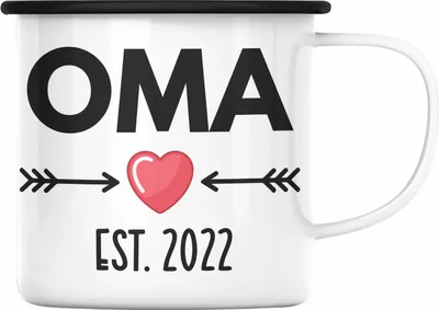 Produktbild von Trendation - Oma 2022 Du Wirst Oma Geschenk Schwangerschaft Verkünden Omi Überraschung Baby Emaille Emaille Tasse (Schwarz)