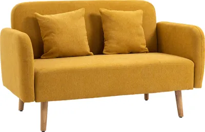 Zdjęcie produktu dla Sofa HOMCOM 2-osobowa z 2 poduszkami dekoracyjnymi, mała sofa dwuosobowa z aksamitnym wykończeniem, nowoczesna tapicerowana sofa do salonu, sypialni, małej przestrzeni, żółta 130 x 70 x 80 cm