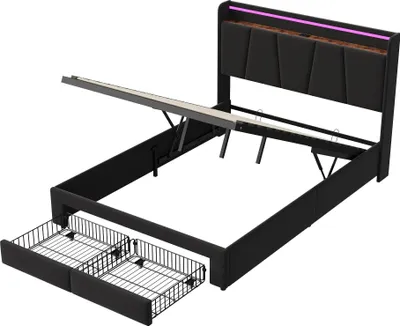 Obrázok produktu pre Posteľ – čalúnená posteľ 140 × 200 cm – USB nabíjanie – čelo s LED osvetlením – 2 zásuvky s úložným priestorom – drevený rošt – zamatový poťah