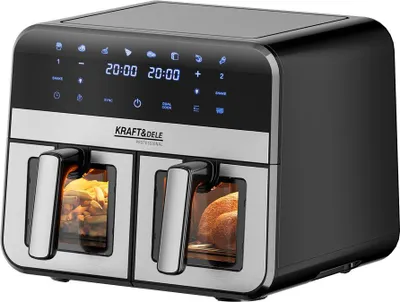 Obrázek produktu pro KRAFT&DELE | Horkovzdušná fritéza, 2 komory, 2500W, Fritéza, 6 v 1, dvouzónová fritéza 9L, dvoukomorová horkovzdušná fritéza s průzorem, energeticky úsporná, kompaktní fritéza