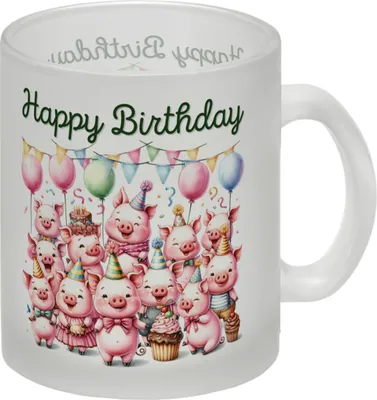 Produktbild von Schweine Party Glas Tasse mit Spruch Happy Birthday