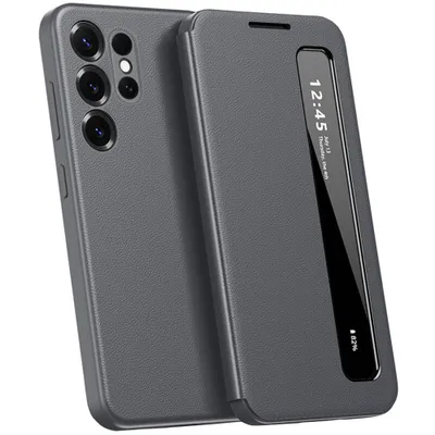 Immagine prodotto di Custodia in Finto cuoio per Samsung Galaxy S25 Ultra, Smart Mobile Case con finestra laterale intelligente Grigio