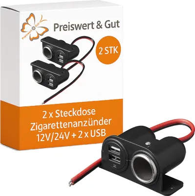 Produktbild von 2 x Einbausteckdose Auto 12V/24V mit Zigarettenanzünder und 2 x USB 2100mA, Autozubehör Steckdose für Auto und Lkw