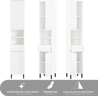 Produktbild von Badezimmer-Hochschrank 34 cm breit in weiß Hochglanz, 2 Türen, 1 Schublade - SALO-01