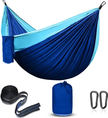 Produktbild von Famanu Hängematte für Camping und Wandern - Tragbare Parachute Hängematte - Ultraleichte Nylon Hängematte - Blau und Himmelblau für 2 Personen