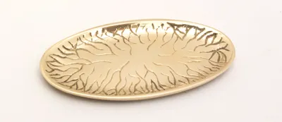 Produktbild von Kerzenteller, Dekoteller in ovaler Form Messing Gold poliert im Baum-Design 13 x 6 cm für Ovalkerzen, Ellipsenkerzen