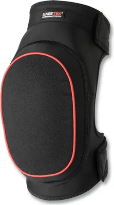 A black knee pad with red trim and a brand logo.