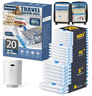 Immagine prodotto di Sacchetti sottovuoto per abbigliamento, confezione da 20 pezzi, con pompa elettrica USB da 1200mAh, ideali per valigie e zaini. Realizzati in materiale spesso, impermeabili e con funzione di risparmio di spazio (riduzione del volume del 70%)