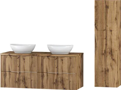 Produktbild von Badmöbel-Set 2-teilig mit 120 cm Waschtisch in Eiche mit gerillter Front - CALURI-140