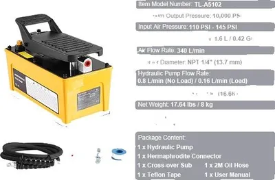 Zdjęcie produktu dla Pompa pneumatyczno-hydrauliczna, 10 000 PSI, trwała konstrukcja, wąż 2 m, zbiornik 1,6 l