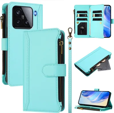 Image de Etui pour Xiaomi 15, fermeture éclair, étui portefeuille en cuirPolyuréthaneavec pochettes pour cartes, support et dragonne vert menthe
