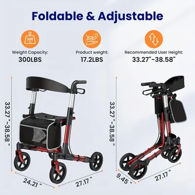 Produktbild von Rollator – Gehhilfe – Rollstuhlähnliche Gehhilfe – Mobilitätshilfe – Rollator mit Sitz – Klappbar, rot