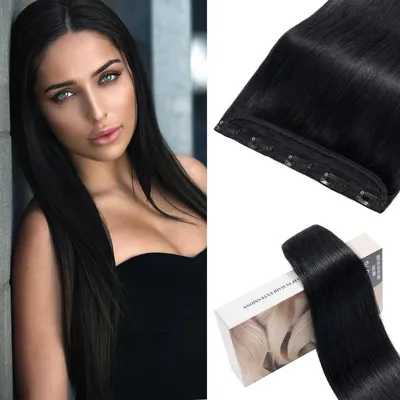 Productafbeelding van Clip-in haarverlenging, echt haar, zwart, 55 cm, 55 gram, 1 stuk, met 5 clips