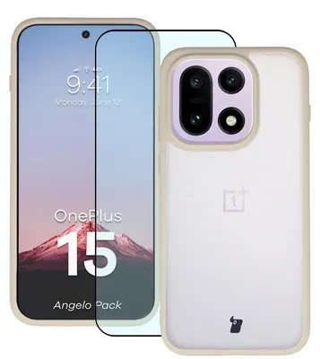 Produktbild von Schutzhülle + gehärtetem Glas für OnePlus 15, Bizon Angelo Pack, Semitransparent mit beigem Rahmen