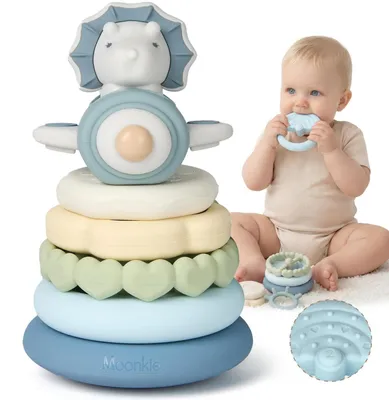 Produktbild von Beißring & Stapelturm Baby 7-teiliges Set Silikon ab 6-18 Monate Sensorik Montessori Spielzeug