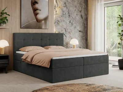 Produktbild von MKS MEBLE Boxspringbett 140x200 mit Bettkasten und Matratze H4, Polsterbett 140x200 mit Bettkasten, Bett 140x200 mit Stauraum und Topper - Centos - Dunkelgrau Struktur