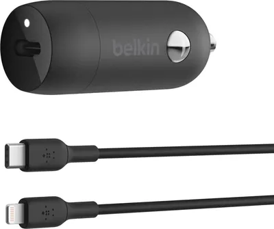 A black Belkin car charger and two charging cables.
