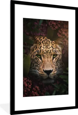 Produktbild von MuchoWow® MuchoWow® Gerahmtes Poster Panther - Dschungel - Pflanzen - Blumen 60x90 cm - Poster mit zchwarzem Bilderrahmen - Dekoration - Wandposter Wohnzimmer - Hochwertig