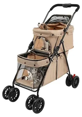 Imagen del producto de Cochecito doble para perros, buggy de 2 niveles con ventanas de malla y bolsillos, de Oxford y metal, para mascotas con un peso máximo de 35 kg. Jaula de transporte plegable para perros, gatos y otras mascotas (color caqui)