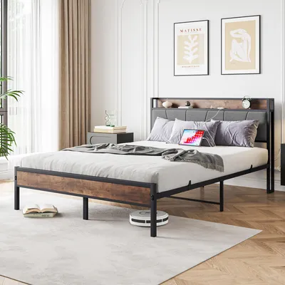 Produktbild von okwish Klassische Betten 140x200 Doppelbett mit USB,Bettgestell mit Aufbewahrungskopfplatte,Metallbett Plattformbett mit LED-Lichtern und Metallrahmen,Antikbraun (ohne Matratze)