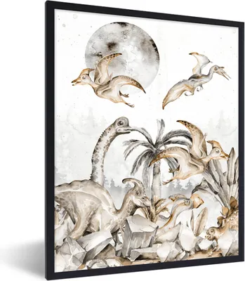 Produktbild von MuchoWow® Gerahmtes Poster Dinosaurier - Dschungel Dekoration - Kinder - Kinder - Kinder 60x80 cm - Poster mit Schwarzem Bilderrahmen Wandposter Rahmen Foto Bilder - Premium - Wanddeko Wohnzimmer