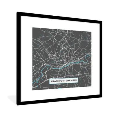 Produktbild von MuchoWow® Gerahmtes Poster Karte - Stadtplan - Frankfurt am Main - Deutschland - Blau 40x40 cm - Poster mit Schwarzem Bilderrahmen Wandposter Rahmen Foto Bilder - Poster - Plakat im Rahmen
