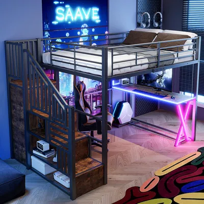 Produktbild von STILVORA Hochbett 140×200 Jugendbett mit Stauraumleiter Kleiderschrank, Regal und Schreibtisch,Metallbett ohne Matratze,Mit LED-Leuchten,Schwarz