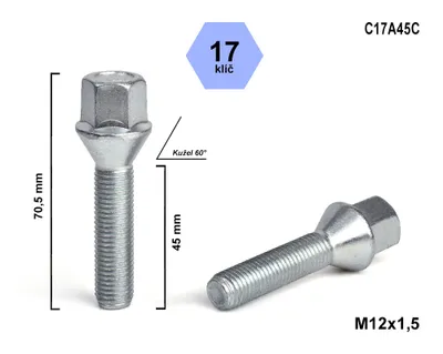 Obrázok produktu pre Kolesová skrutka M12x1,5x45 kužeľ, kľúč 17, C17A45C výška 70,5 mm
