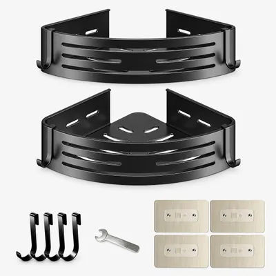 Produktbild von Selbstklebendes Eck-Duschregal, 2 Stück, 30,5 cm, Aluminium-Badregale ohne Bohren, Wandorganizer mit 4 Haken, Schwarz