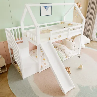 Produktbild von STILVORA Etagenbett 90x200 Stockbett Kinderbett Jugendbett Ohne Matratze mit Stauraumtreppe und Rutschen,Hausbett mit Rausfallschutz,Unterbett ohne Lattenrost,Weiß