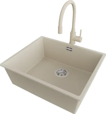 Produktbild von PRIMAGRAN Unterbauspüle Granit Beige 56x47cm, Spülbecken 1 Becken + Küchenarmatur 38x14cm + Ablauf-Set, Granitspüle ab 60er Unterschrank - London