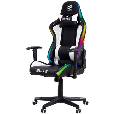 Produktbild von Elite Gaming Stuhl | Ergonomischer Bürostuhl - Schreibtischstuhl - RGB PC Gamer Racing Stuhl - Gaming-Stuhl - Gamer Sessel - Kopfstütze (Schwarz/Weiß)