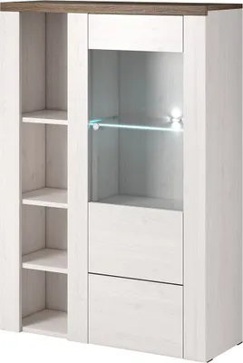 Image de Buffet haut design 1 porte pour salon couleur blanc effet bois et chêne. Collection SANTIAGO.