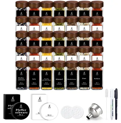 Produktbild von Gewürzgläser - Set mit 35 Gewürzgläsern - 120 ml - Luftdicht - Borosilikatglas - Akazienholzdeckel - Stapelbar