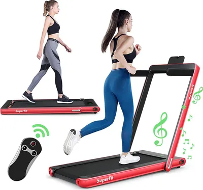 Two women are shown using a red treadmill. One is walking and the other is running. A remote control is also visible.