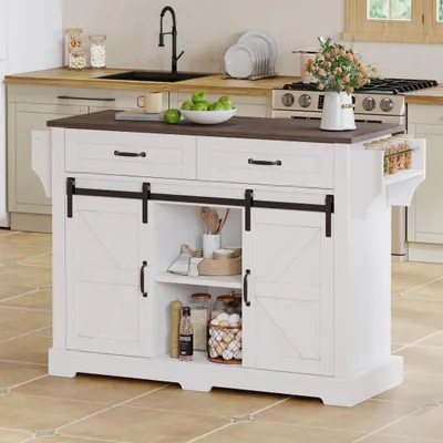 Obrázek produktu pro okwish Kuchyňský ostrůvek / kuchyňský vozík s výklopnou deskou, servírovací vozík / komoda s posuvnými dvířky a 5 kolečky, kuchyňská skříňka, bílá