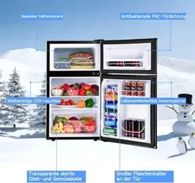 A mini-refrigerator is shown in a snowy outdoor setting with labels pointing out its features.