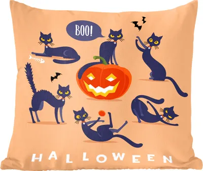 Produktbild von MuchoWow® Zierkissen Sofakissen Wohnzimmer Dekokissen 50x50 cm Verschiedene schwarze Katzen als Symbol für Halloween in einer Illustration - Komfort - Sofakissen