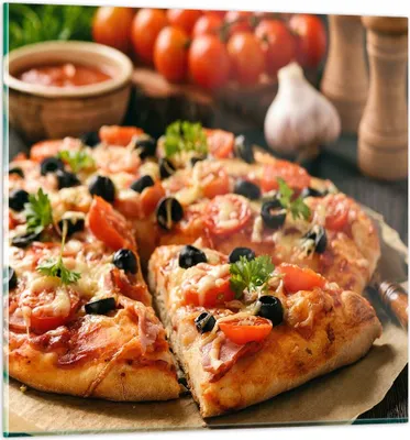 Produktbild von Bilder auf glas - Pizza Käse Tomaten - 70x70cm - Glasbilder - Wandbilder - Kunstdruck - zum Aufhängen bereit - Wanddekoration aus Glas - Glas Bilder - Wandbild auf Glas - Einteilig - GAC70x70-3907