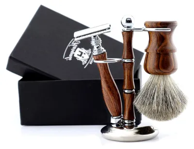 Produktbild von Rasierset für Herren – Hochwertige Rasierhobel-Set aus Holz mit Rasierhobel, Rasierpinsel und Rasierständer